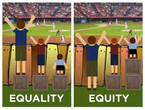 the good old equality vs equity meme where the first panel has three different height individuals all standing on the same box and the shortest person can't see over the fence. The equity side shows the same three people, but now the shorter person is on two boxes and all see at the same height